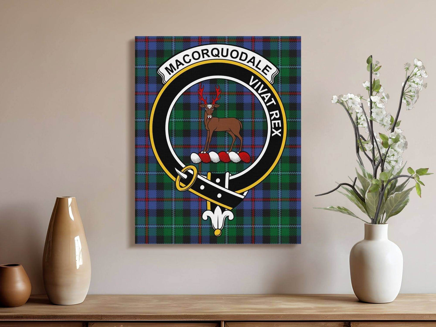 MacQuorquodale Crest Vivat Rex Scottish Tartan Canvas - Celtic Ancestry Gifts