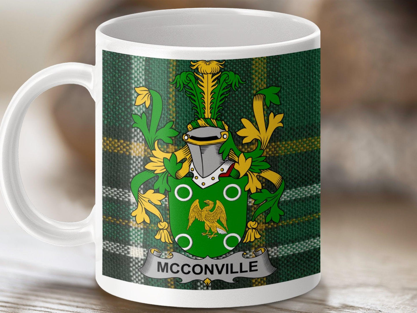Personalized McConville Family Crest Mug, Custom Irish Heritage Coffee Cup, Unique Tartan Pattern Drinkware, Gift for Family Members