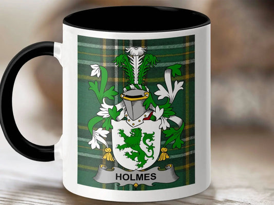 Holmes Surname Family Crest Irish Tartan Mug - Celtic Ancestry Gifts