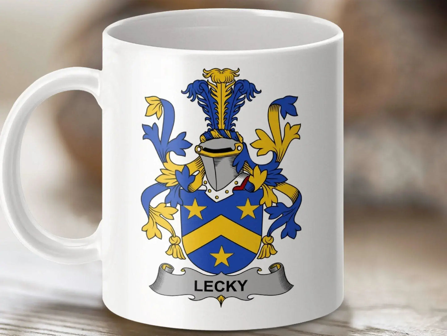 Lecky Surname Irish Family Crest Coat Arms Heraldry mug - Celtic Ancestry Gifts