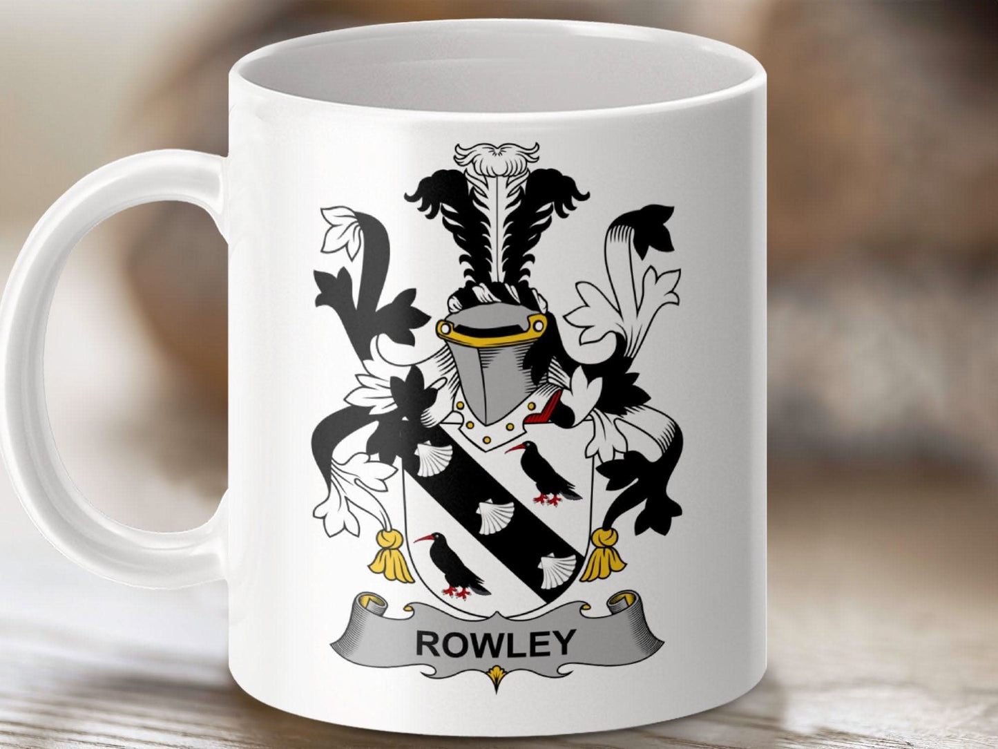 Rowley Family Heraldic Coat of Arms Crest Mug - Celtic Ancestry Gifts