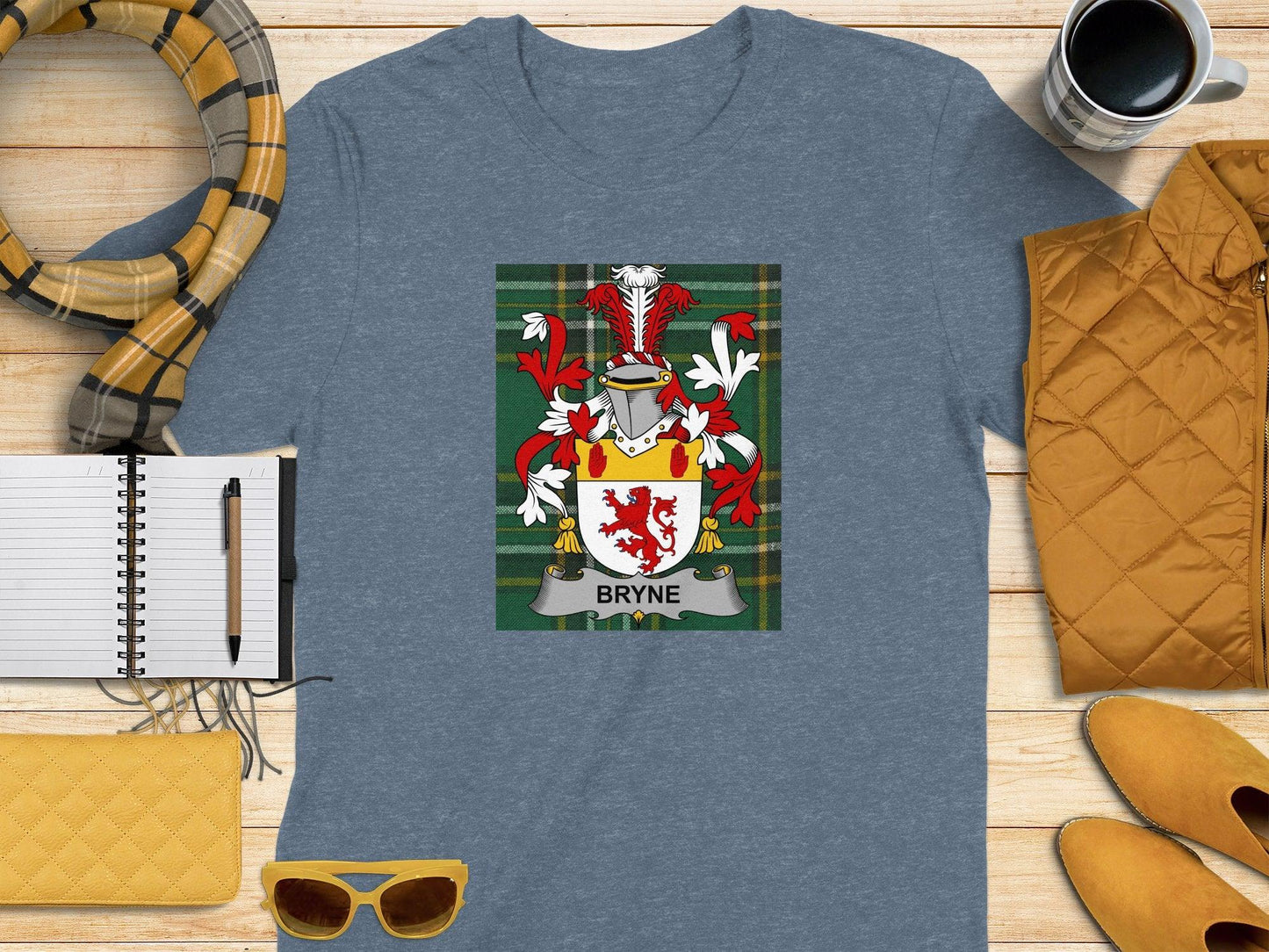 Bryne Family Crest on Irish Tartan Background T-Shirt - Celtic Ancestry Gifts