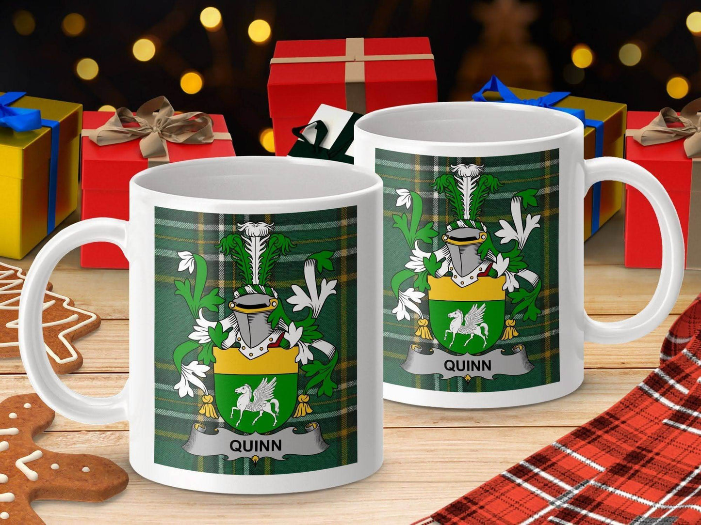 Quinn Surname Family Crest Irish Tartan Mug - Celtic Ancestry Gifts