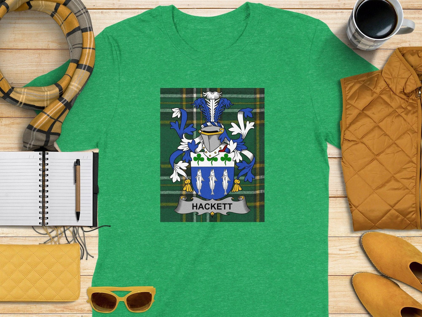 Hackett Family Crest on Irish Tartan Background T-Shirt - Celtic Ancestry Gifts
