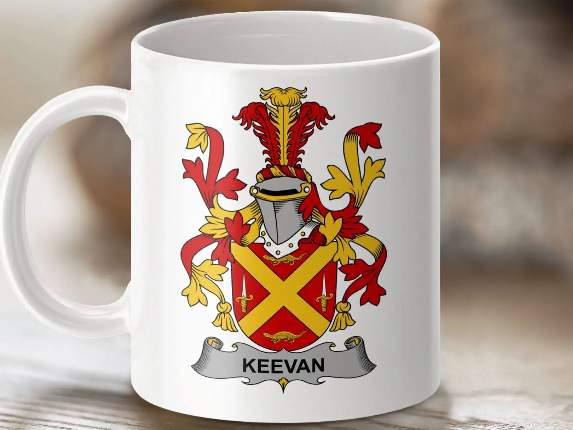Keevan Irish Surname with Family Crest Design on Mug - Celtic Ancestry Gifts