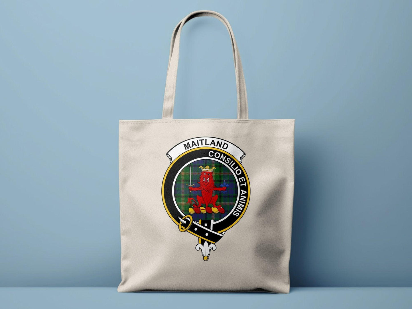 Maitland Consilio et Animis Clan Crest Tartan Tote Bags - Celtic Ancestry Gifts