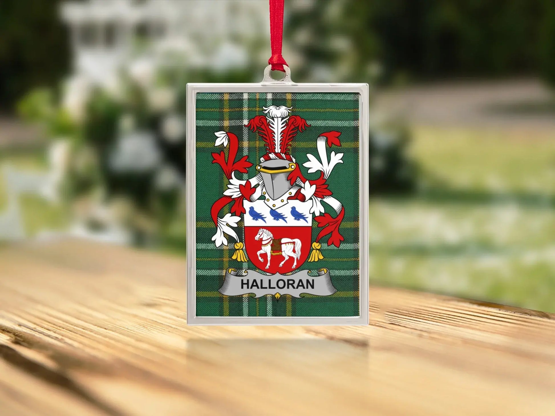 Halloran Family Crest Green Plaid Background product