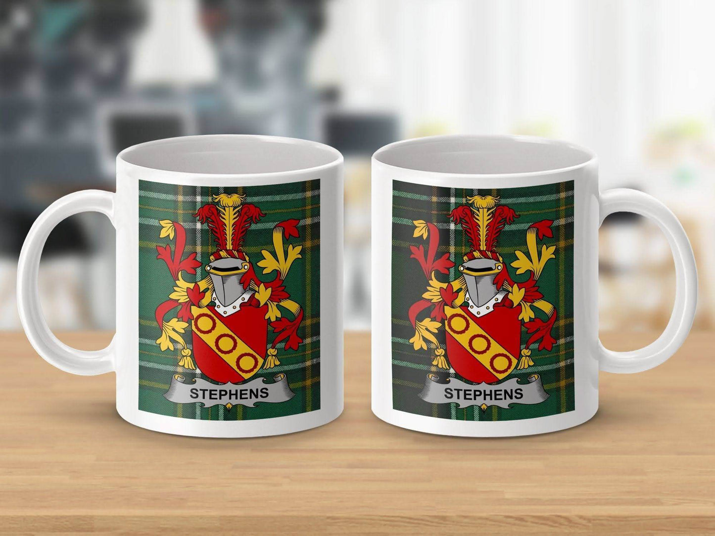 Stephens Surname Family Crest Irish Tartan Mug - Celtic Ancestry Gifts