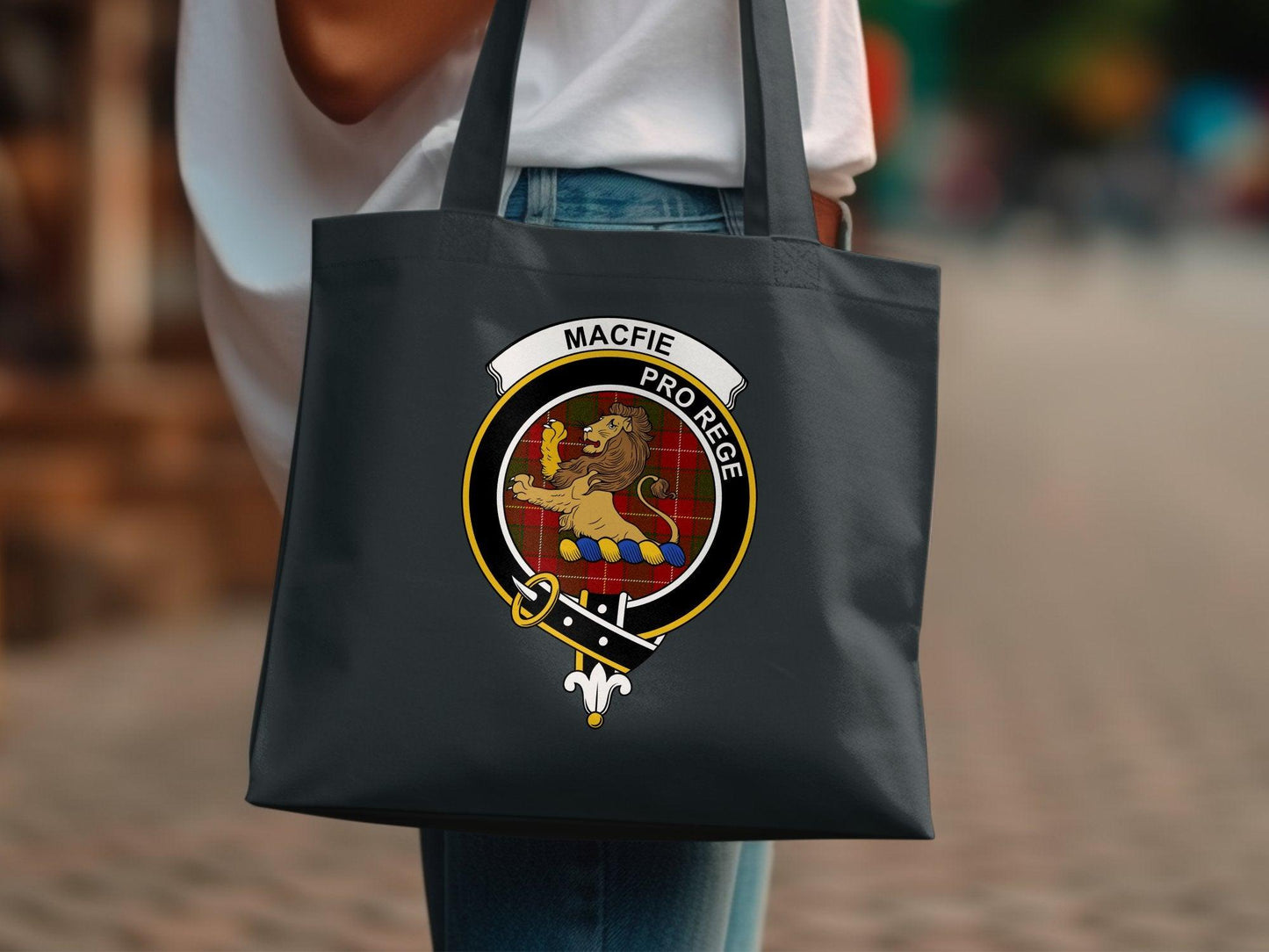 Custom Black Tote Bag with Lion Crest Design, Personalized MacFie Text, Durable Shopping Bag