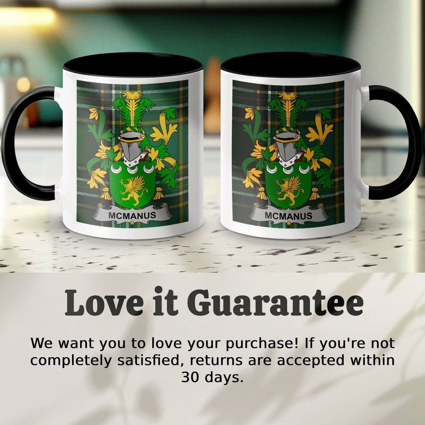 McManus Surname Family Crest on Irish Tartan Mug - Celtic Ancestry Gifts