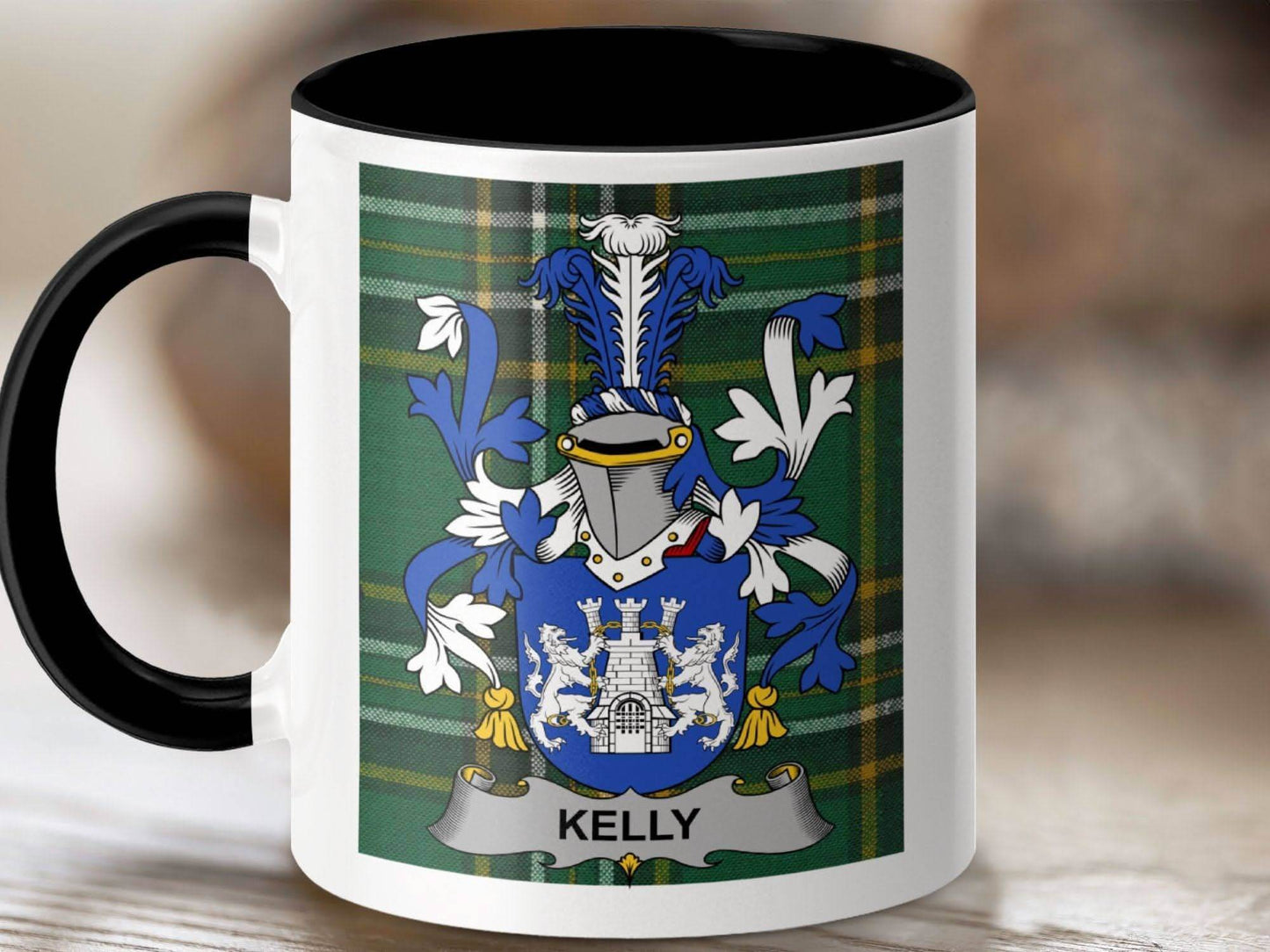 Kelly Surname Family Crest Irish National Tartan Mug - Celtic Ancestry Gifts