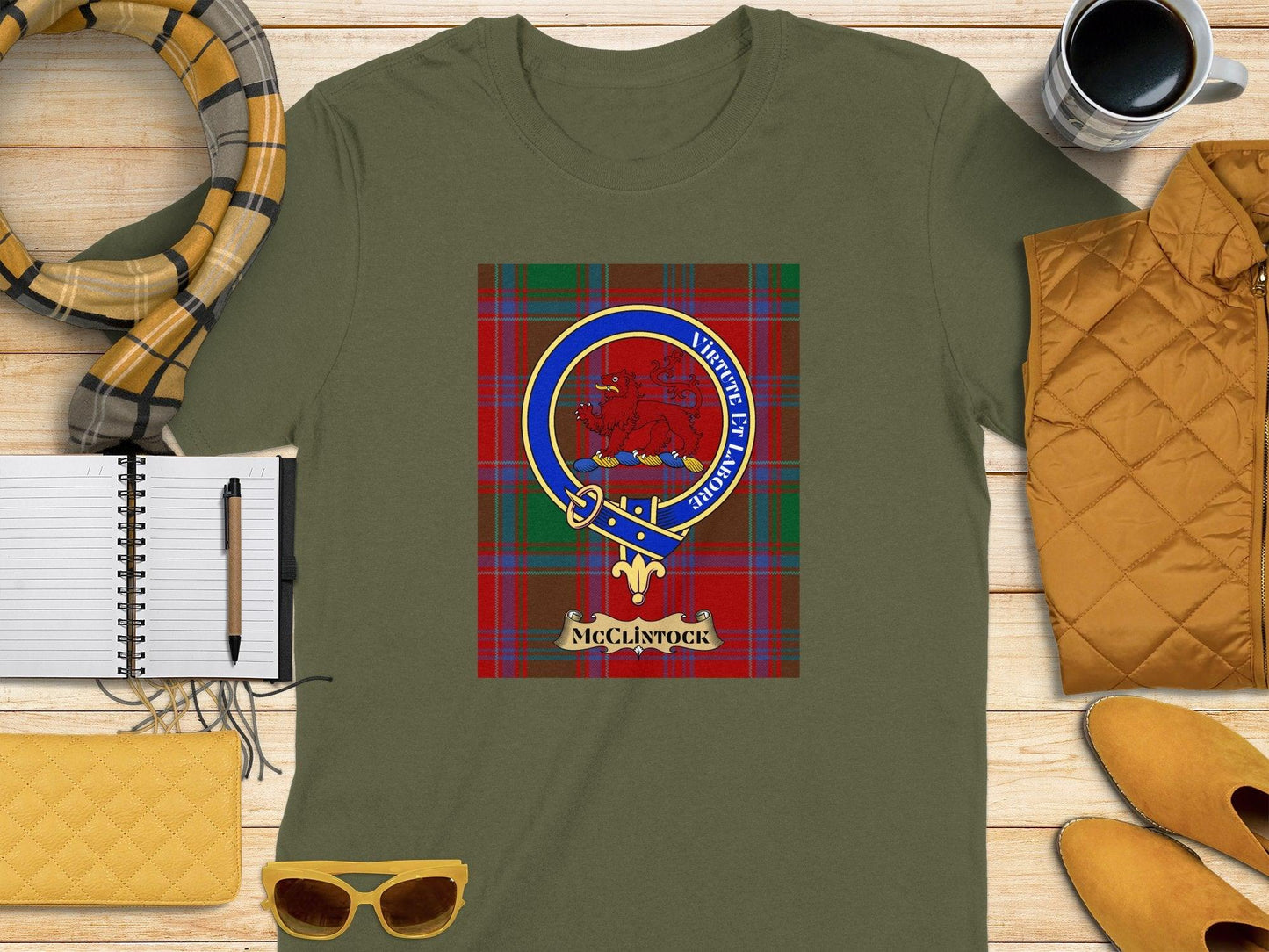 Green T-Shirt with Clan McClintock Tartan Plaid and Crest Design, Scottish Heritage Apparel, Unisex Fashion