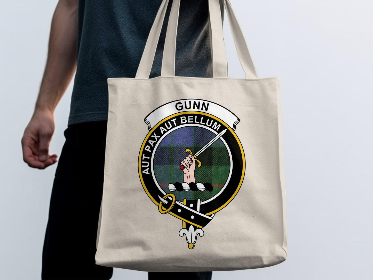 Gunn Scottish Clan Crest Tartan Tote Bags - Celtic Ancestry Gifts