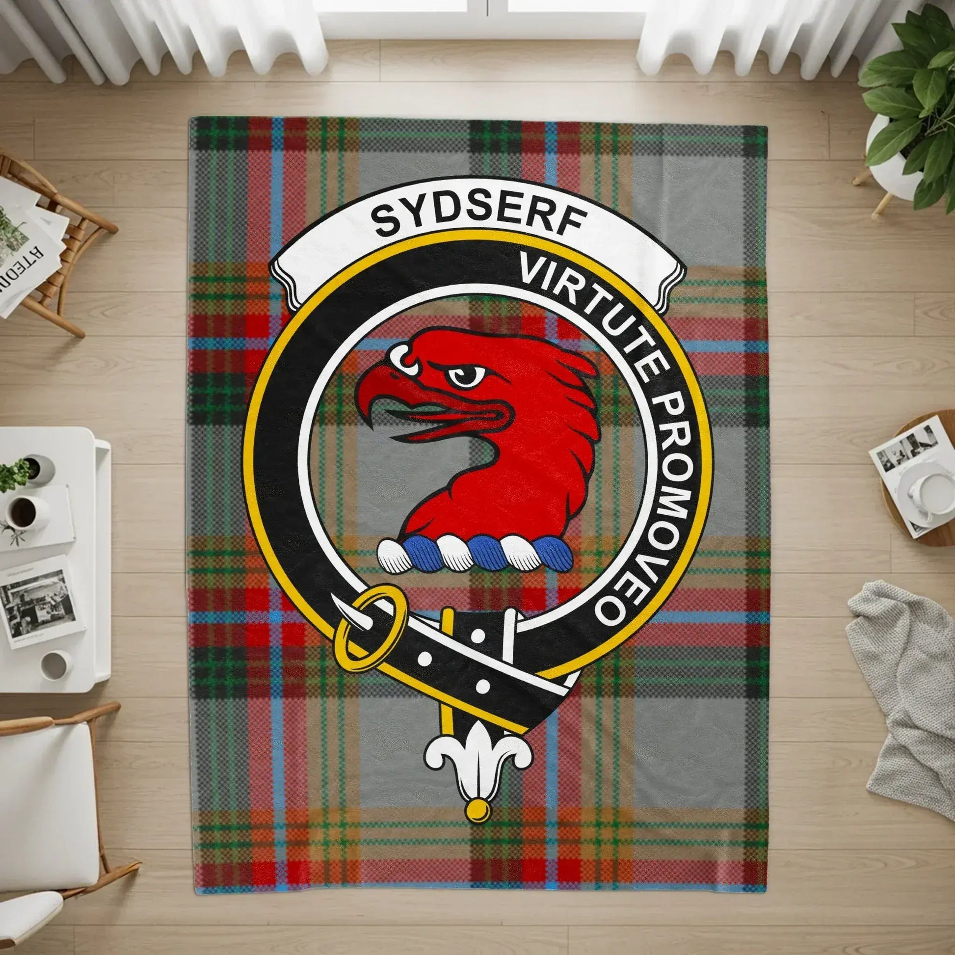 Tartan Print Area Rug with Bold Crest Design product