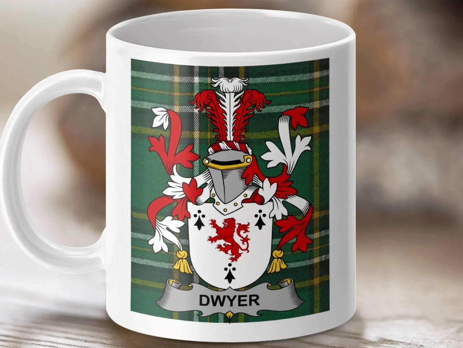 Dwyer Surname Family Crest Irish Tartan Mug - Celtic Ancestry Gifts
