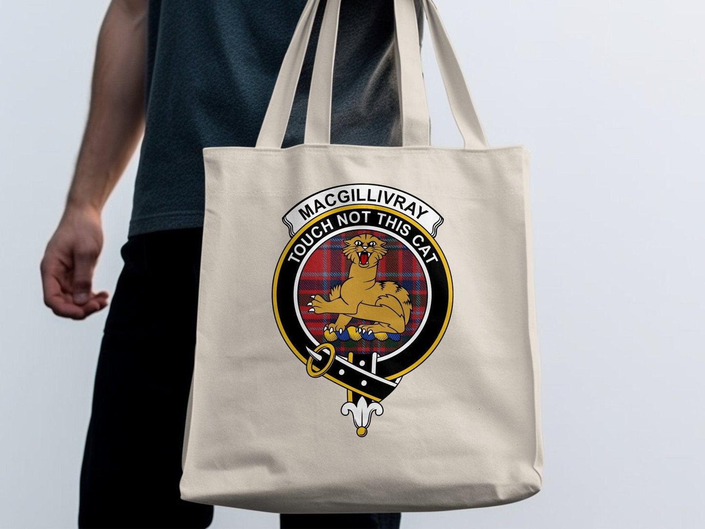 MacGillivray Touch Not This Cat Crest Tartan Tote Bags - Celtic Ancestry Gifts