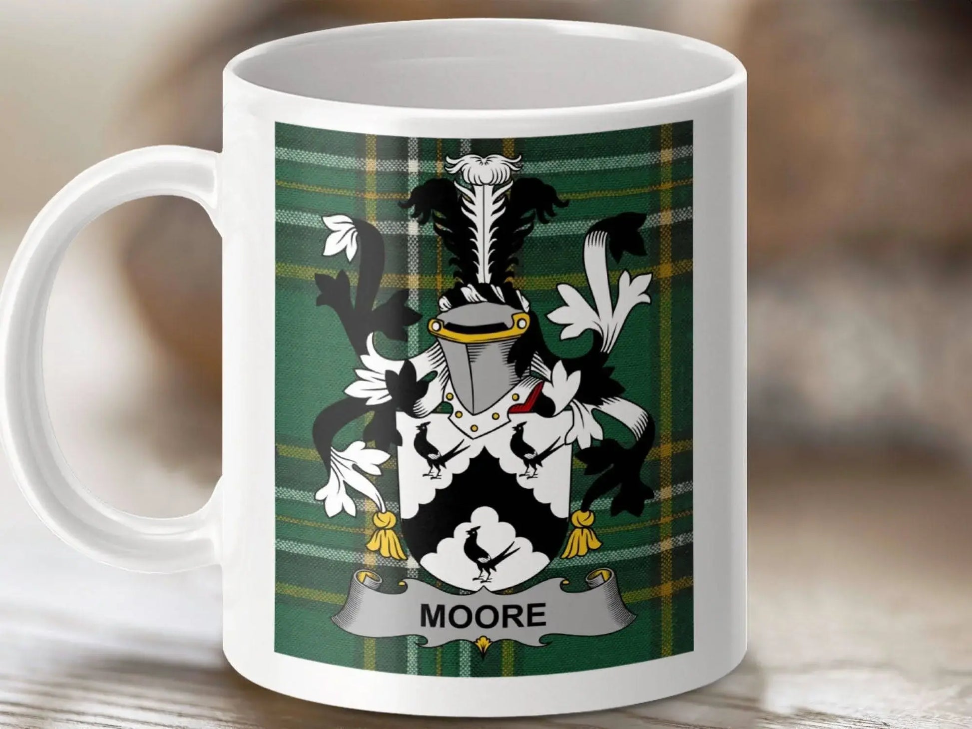 Moore Surname Family Crest Irish Tartan Mug - Celtic Ancestry Gifts