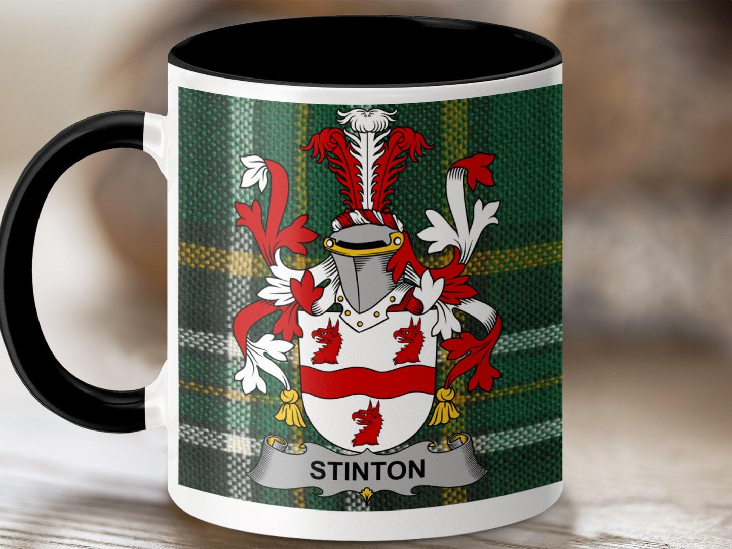 Stinton Family Crest Mug, Personalized Heraldic Shield, Custom Ceramic Cup, Scottish Tartan Design, Unique Gift Idea