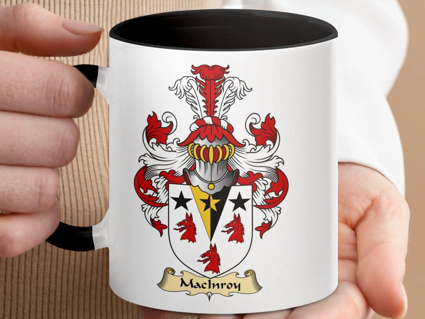 Machinroy Family Crest Features Red and Gold Mug - Celtic Ancestry Gifts
