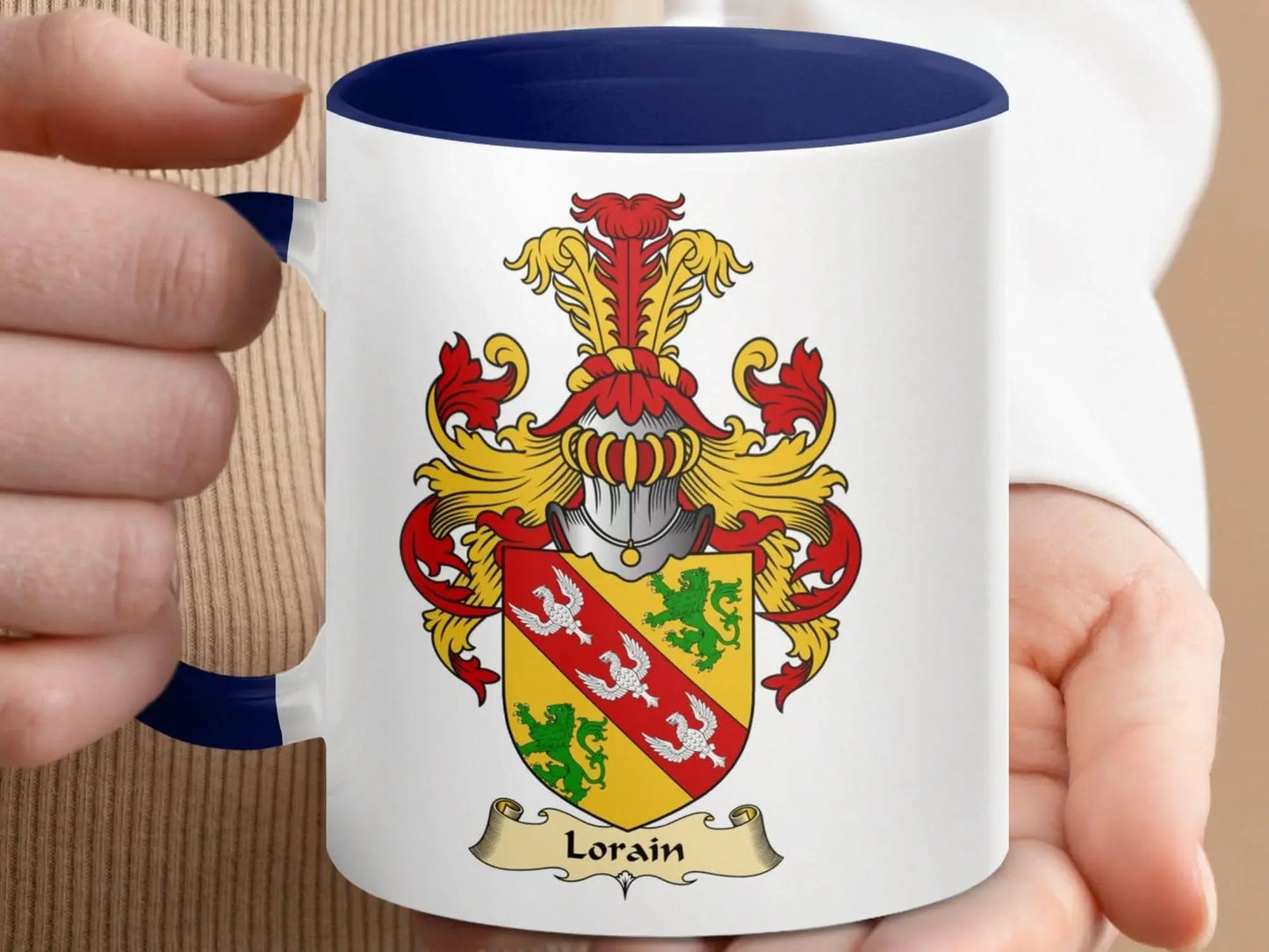 Lorain Family Crest Coat of Arms Accent Mug - Celtic Ancestry Gifts