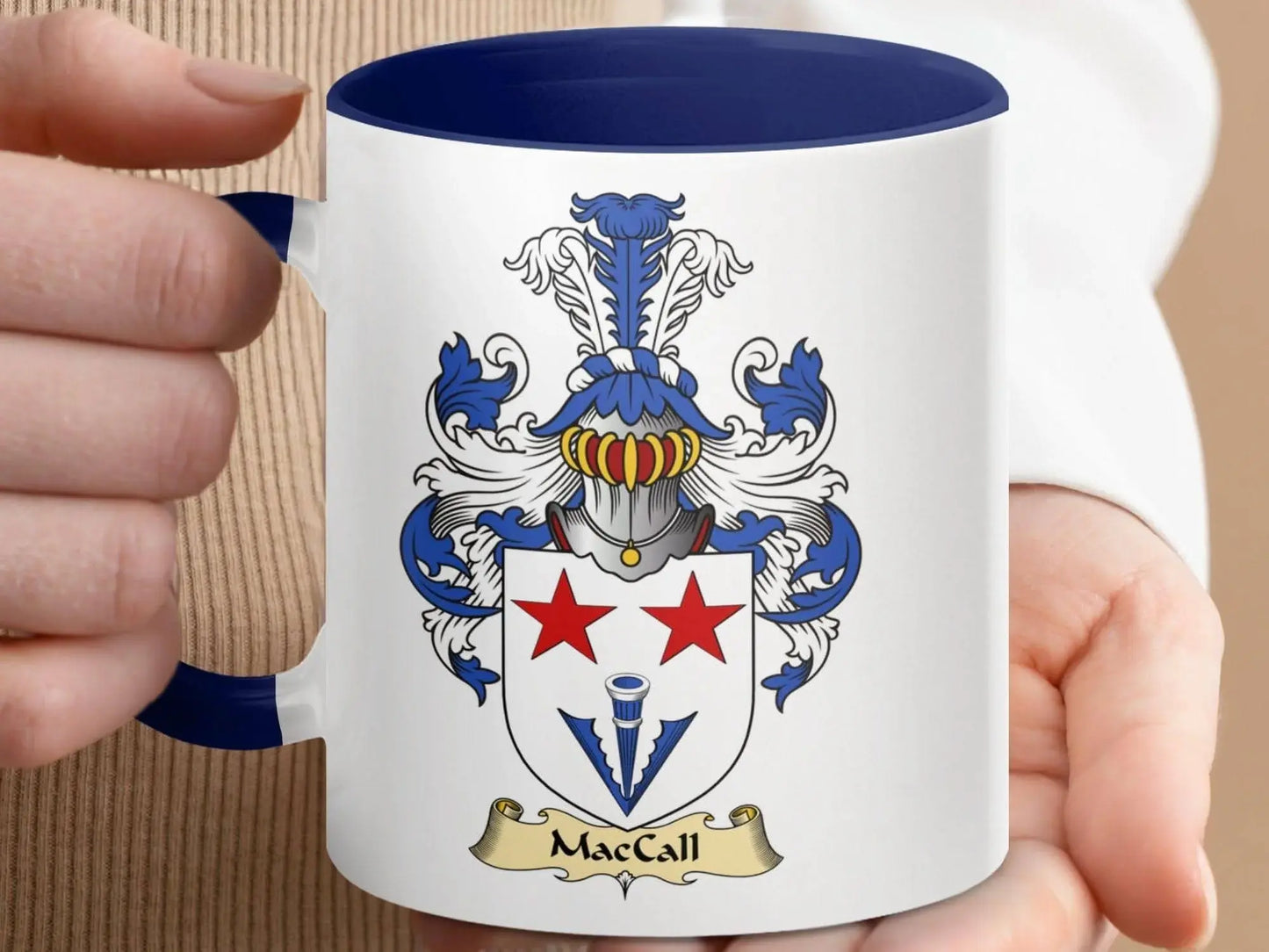 MacCall Family Crest with Two Red Stars Emblem Mug - Celtic Ancestry Gifts