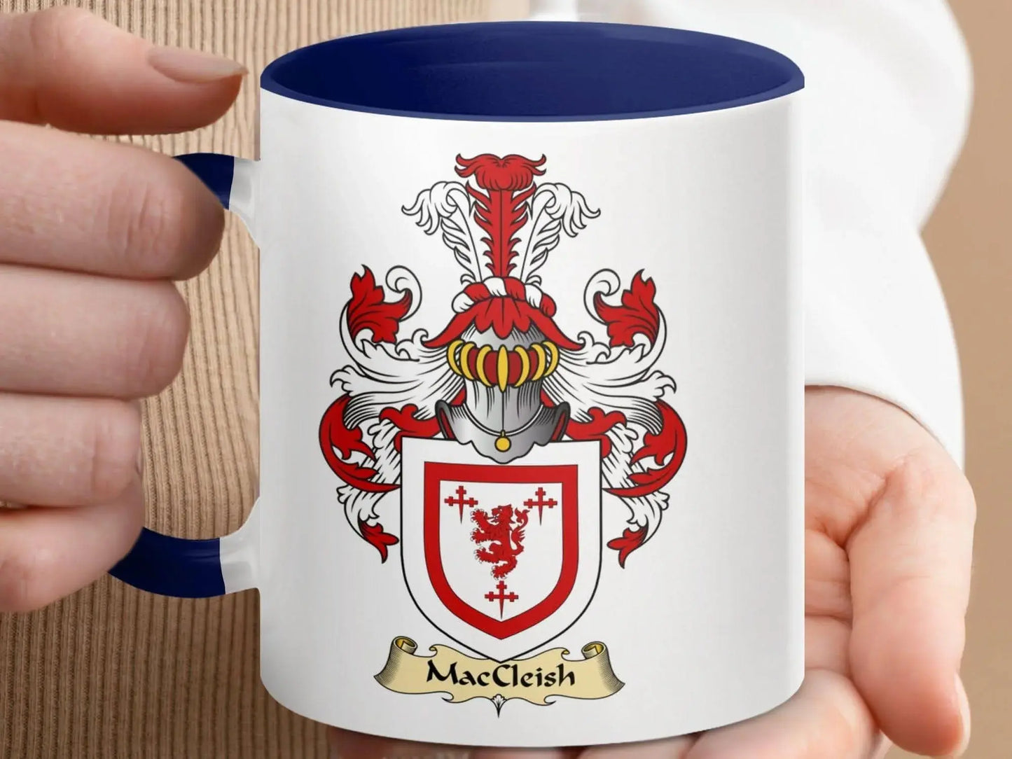 MacCleish Family Crest Red and White Accent Mug - Celtic Ancestry Gifts