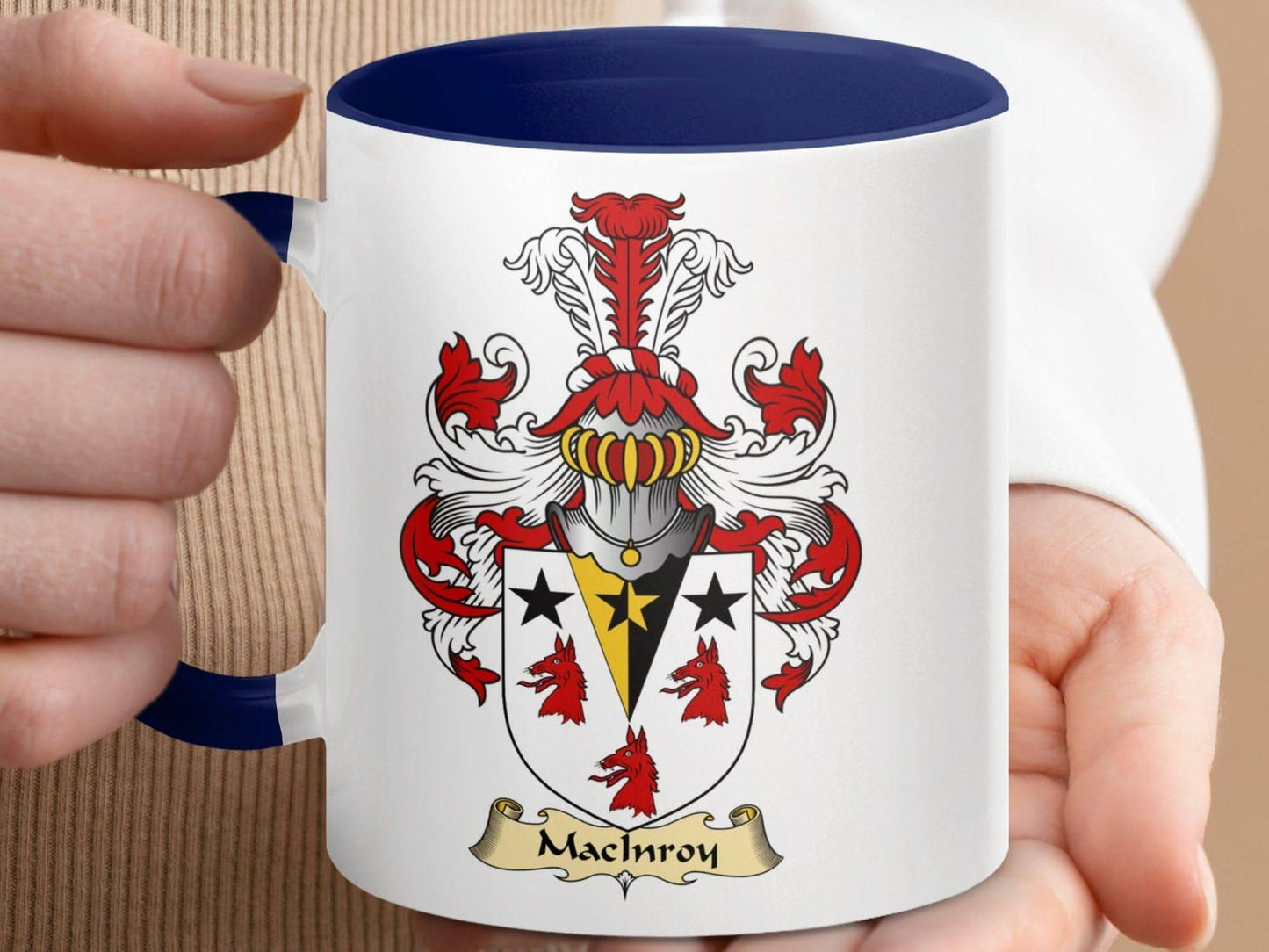 Machinroy Family Crest Features Red and Gold Mug - Celtic Ancestry Gifts