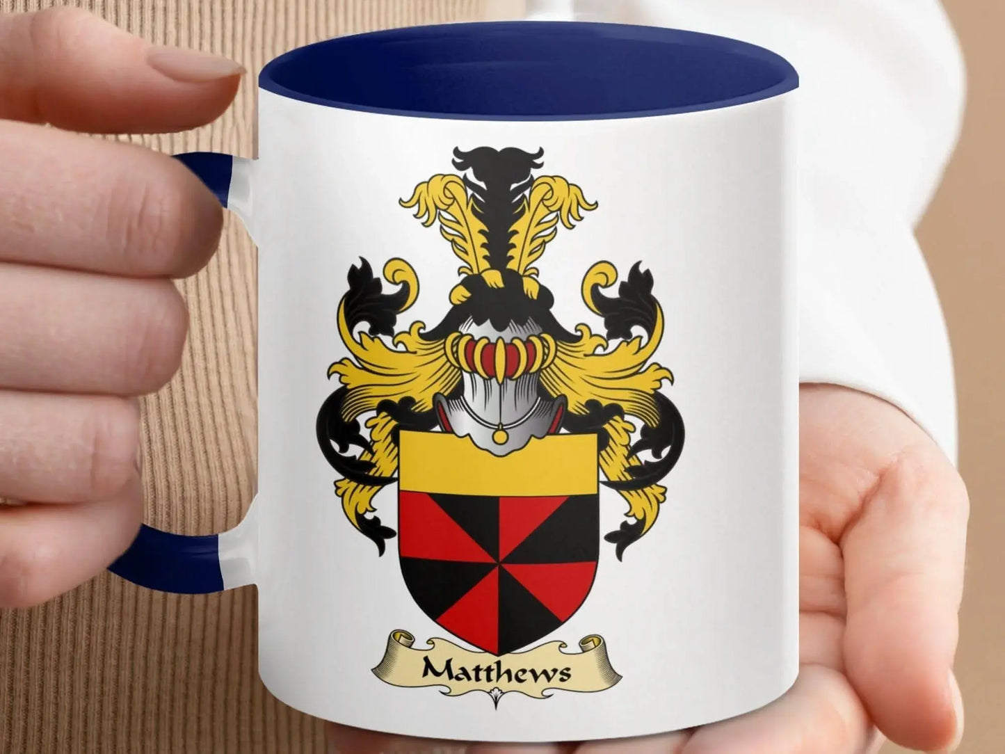 Matthews Family Crest Coat of Arms Design Mug - Celtic Ancestry Gifts