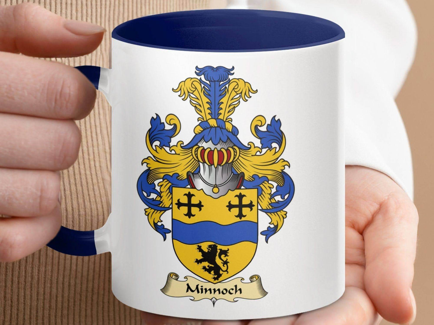 Minnoch Family Crest Coat of Arms Accent Coffee Mug - Celtic Ancestry Gifts