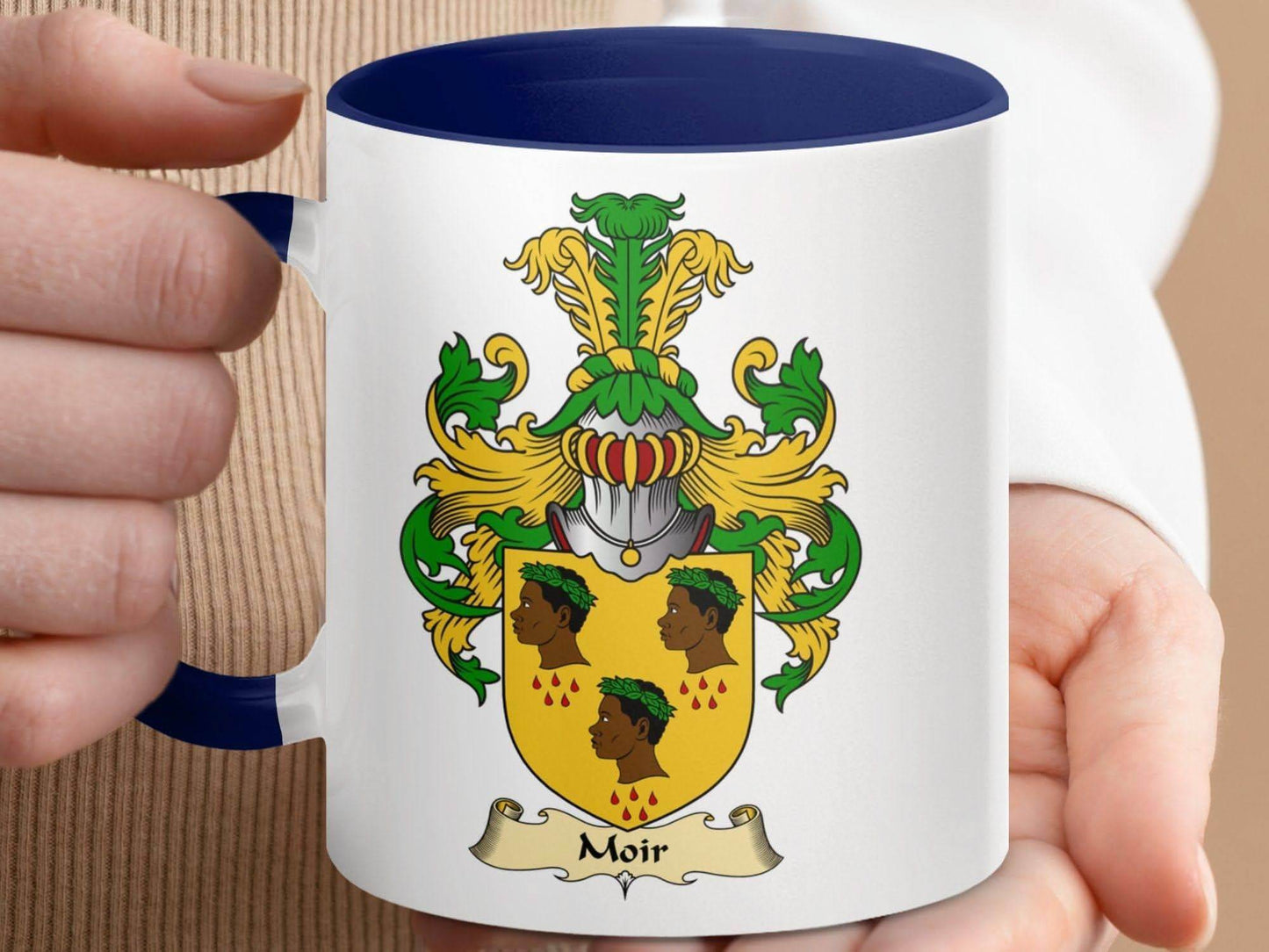 Moir Family Crest Coat of Arms Design Accent Mug - Celtic Ancestry Gifts