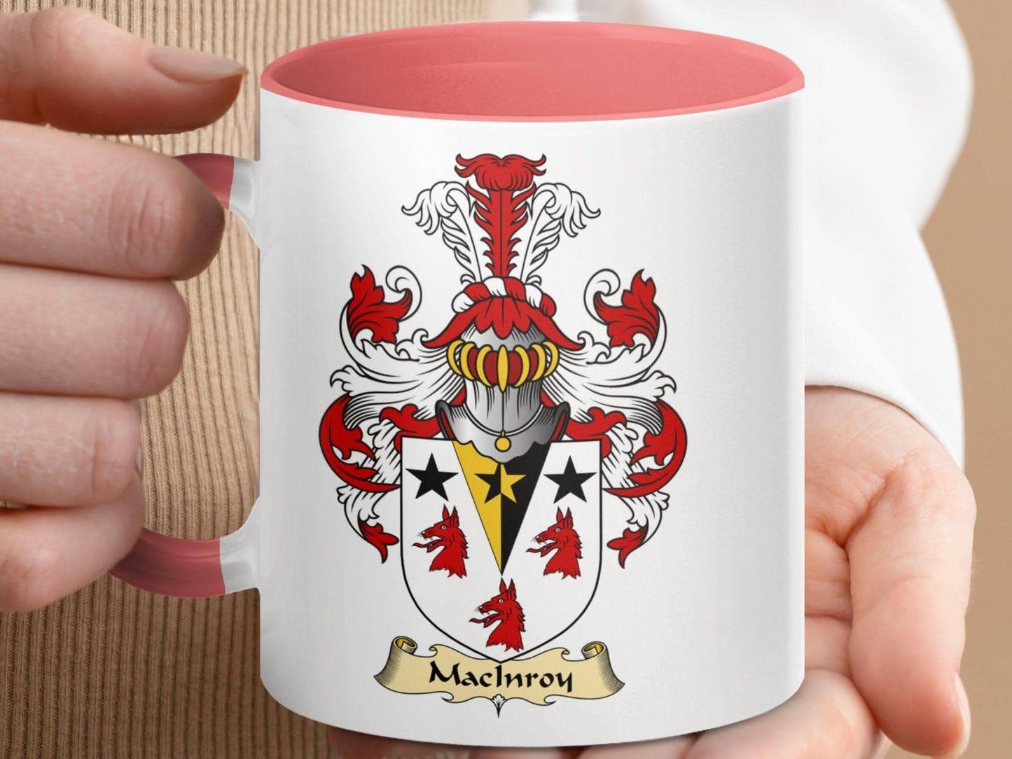 Machinroy Family Crest Features Red and Gold Mug - Celtic Ancestry Gifts