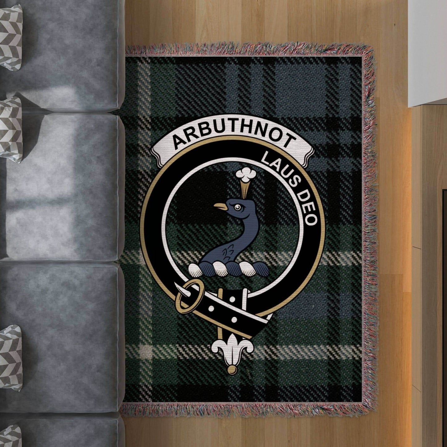 Arbuthnot Clan Crest Tartan Scottish Woven Blanket - Celtic Ancestry Gifts