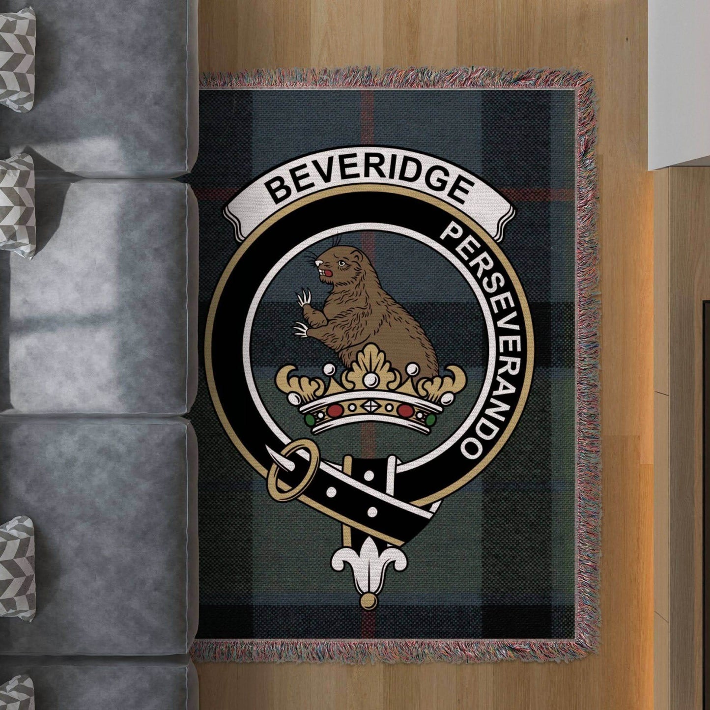 Beveridge Clan Crest Tartan Scottish Woven Blanket - Celtic Ancestry Gifts