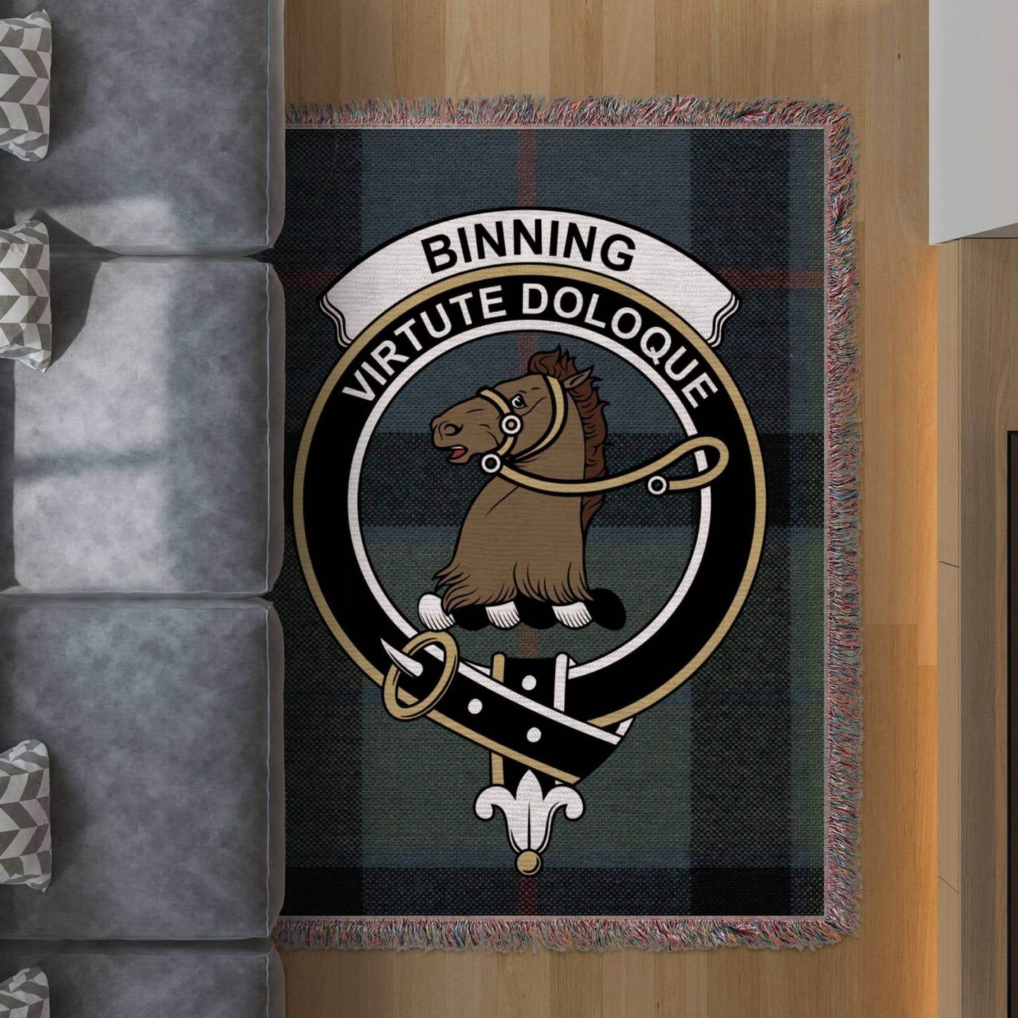 Binning Clan Crest Tartan Scottish Woven Blanket - Celtic Ancestry Gifts