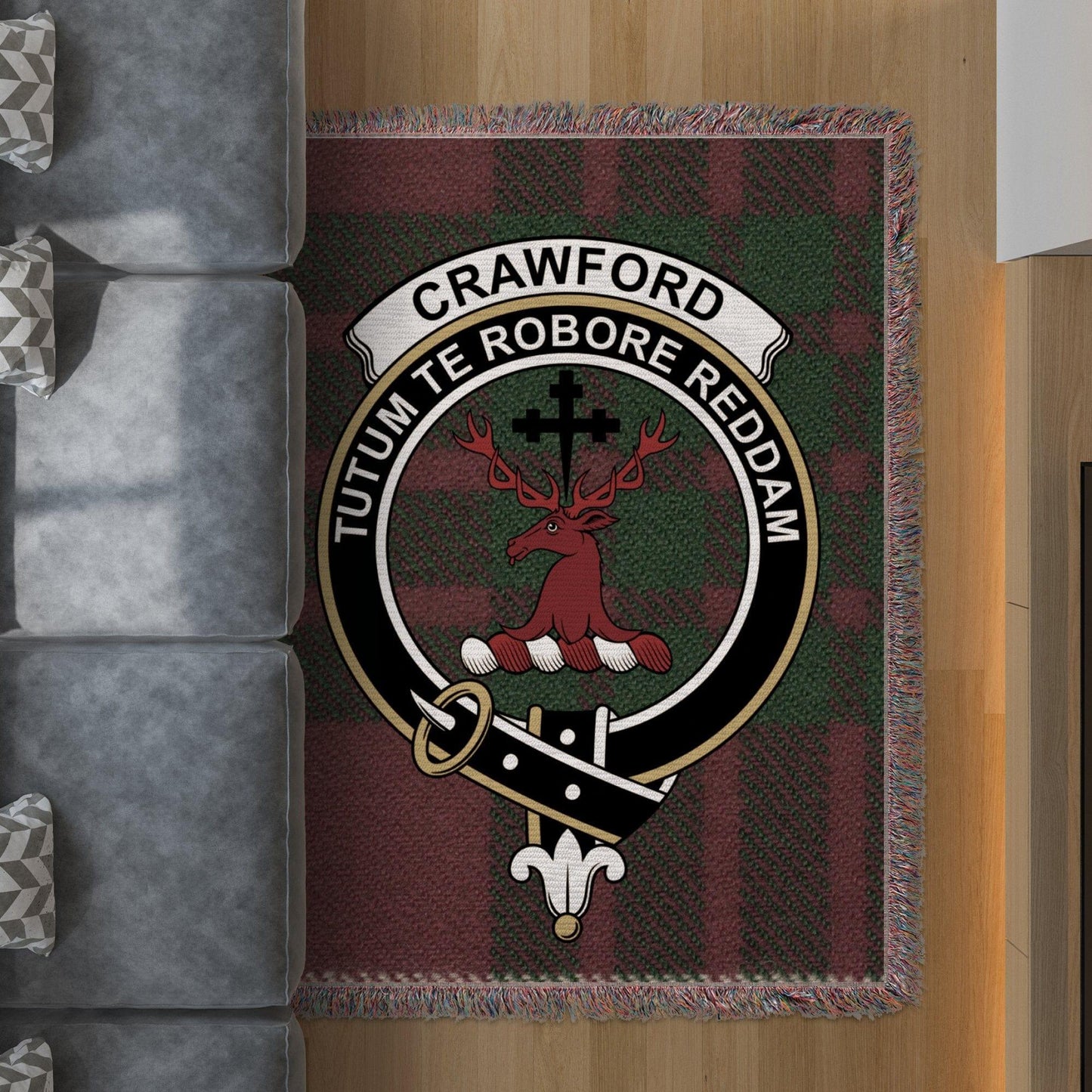 Physical Item 60" x 80" Crawford Clan Crest Tartan Scottish Woven Blanket