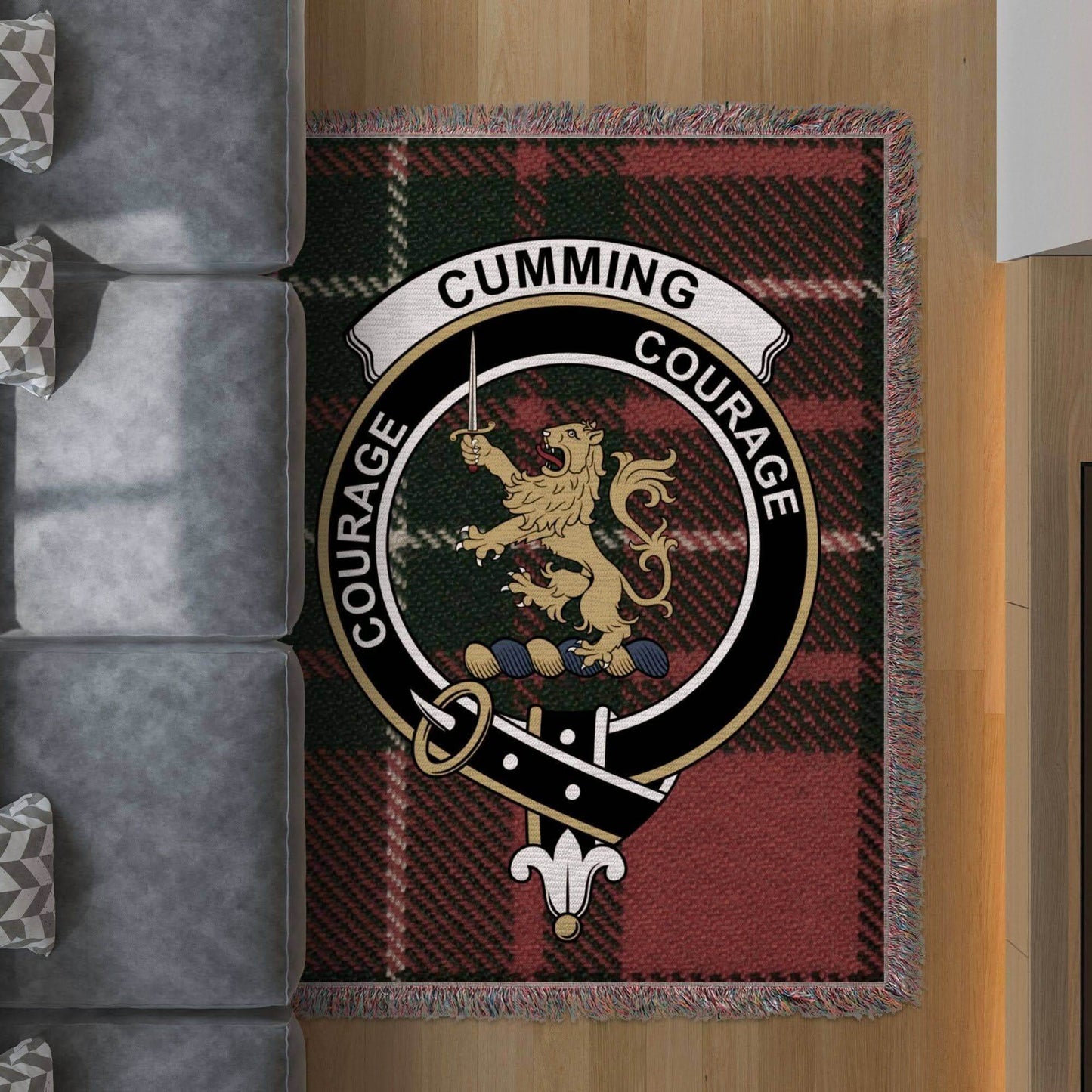 Cumming Clan Crest Tartan Scottish Woven Blanket - Celtic Ancestry Gifts