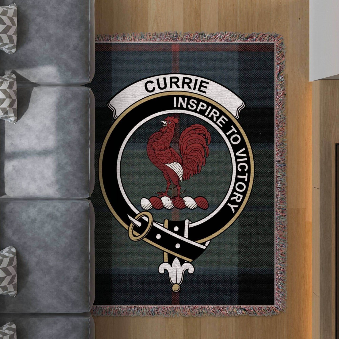 Currie Clan Crest Tartan Scottish Woven Blanket - Celtic Ancestry Gifts
