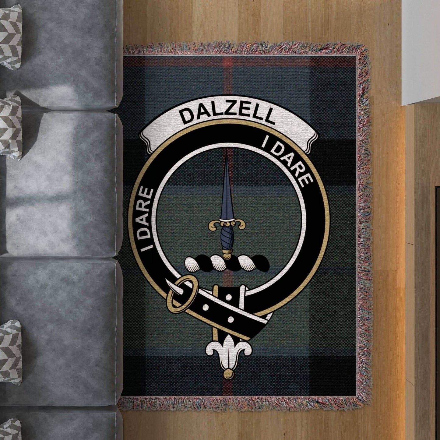 Dalzell Clan Crest Tartan Scottish Heritage Woven Blanket - Celtic Ancestry Gifts