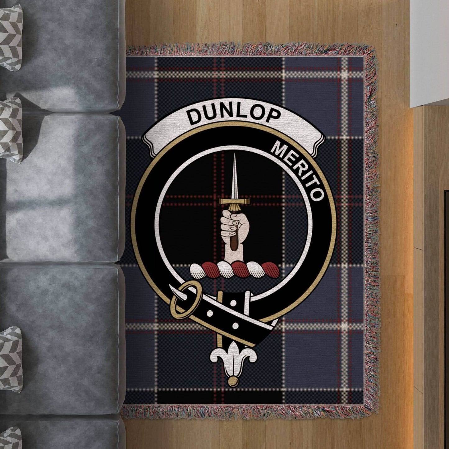 Dunlop Clan Crest Tartan Scottish Woven Blanket - Celtic Ancestry Gifts