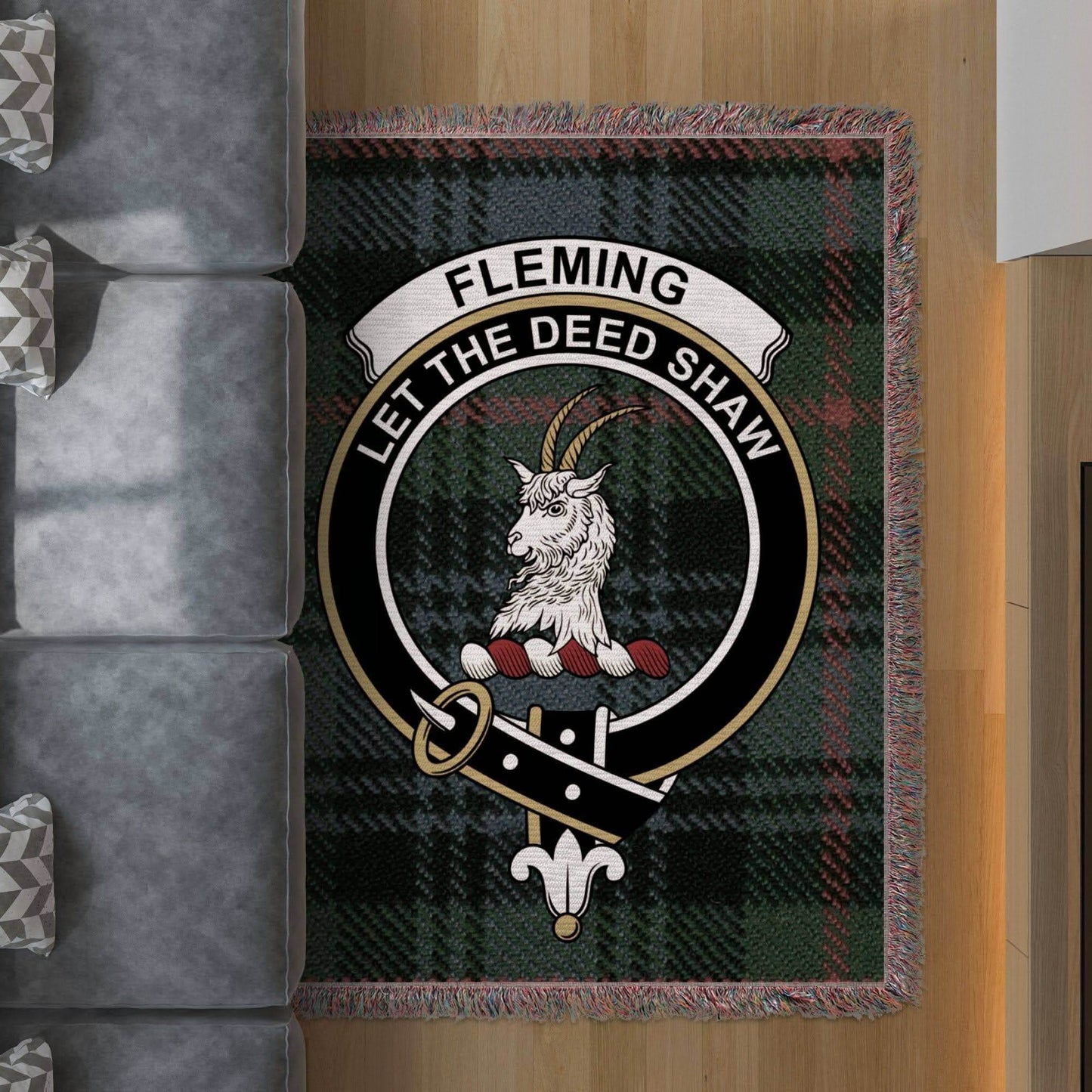 Fleming Clan Crest Tartan Scottish Woven Blanket - Celtic Ancestry Gifts