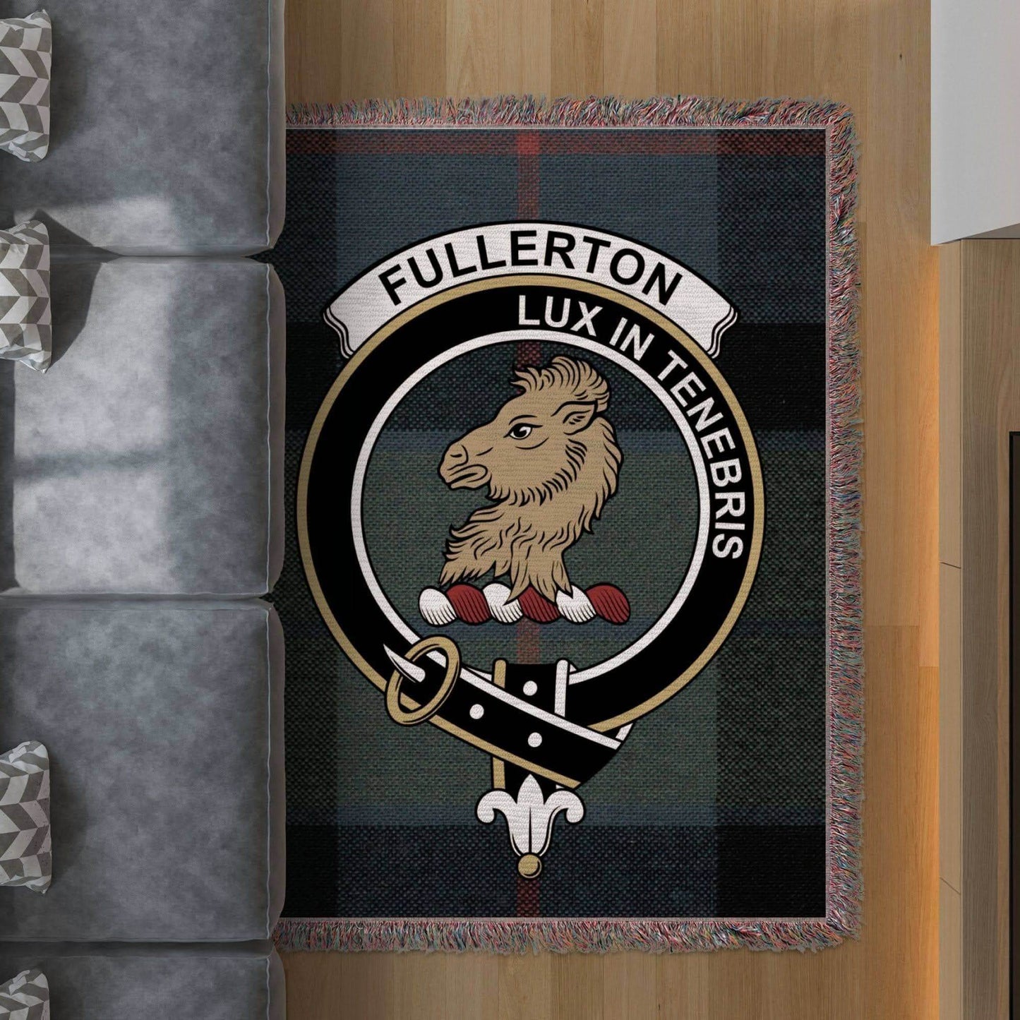 Fullerton Clan Crest Tartan Scottish Woven Blanket - Celtic Ancestry Gifts