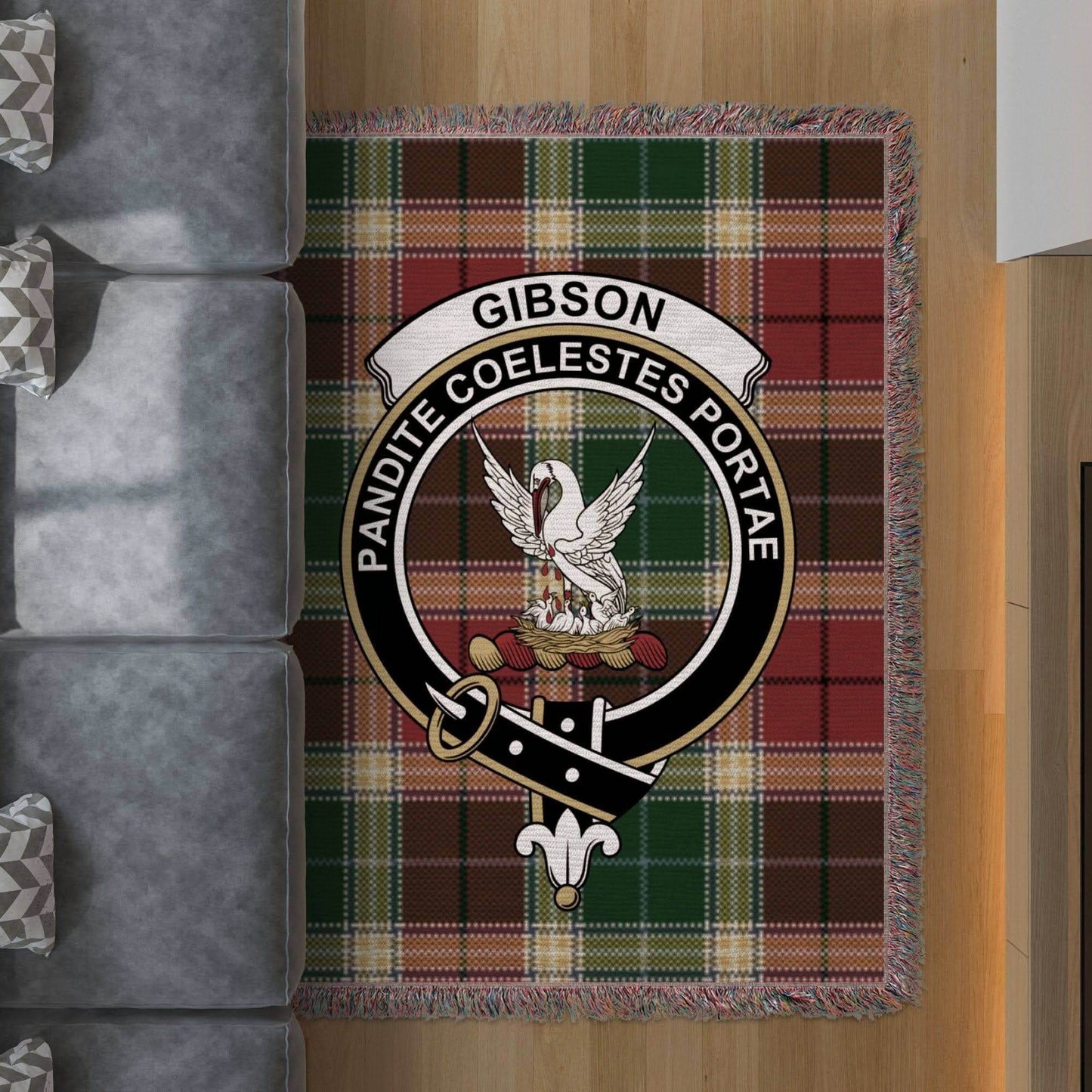Gibson Clan Crest Tartan Scottish Heritage Woven Blanket - Celtic Ancestry Gifts