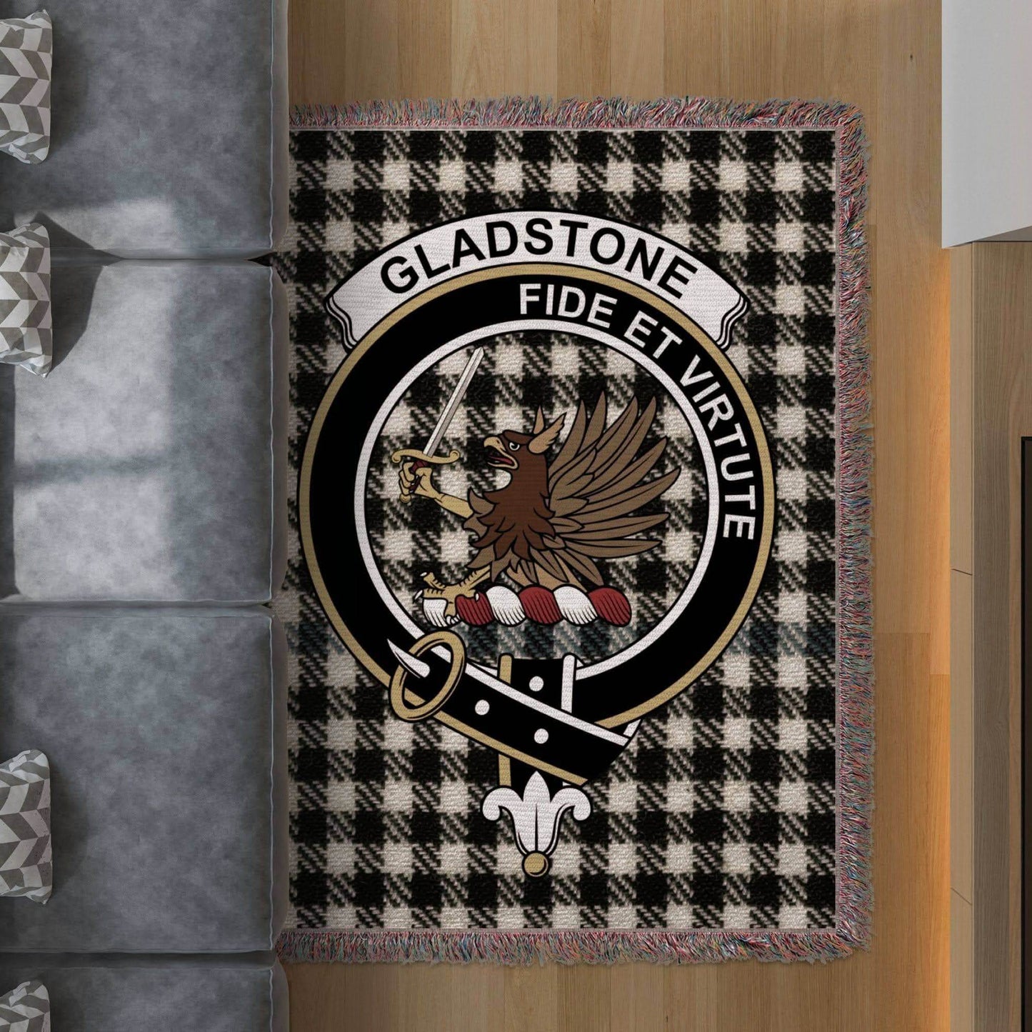 Gladstone Clan Crest Tartan Scottish Woven Blanket - Celtic Ancestry Gifts