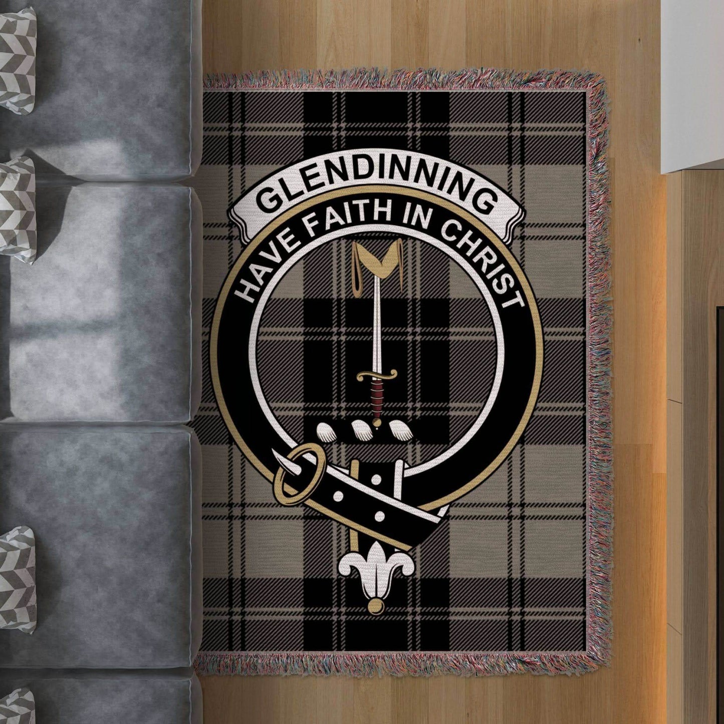 Glendinning Clan Crest Tartan Scottish Woven Blanket - Celtic Ancestry Gifts