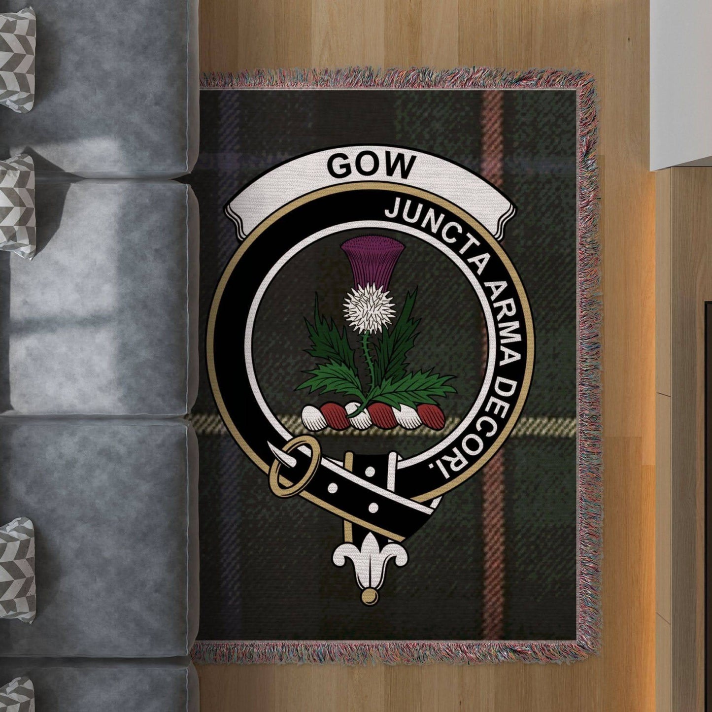 Gow Clan Crest Tartan Scottish Heritage Woven Blanket - Celtic Ancestry Gifts