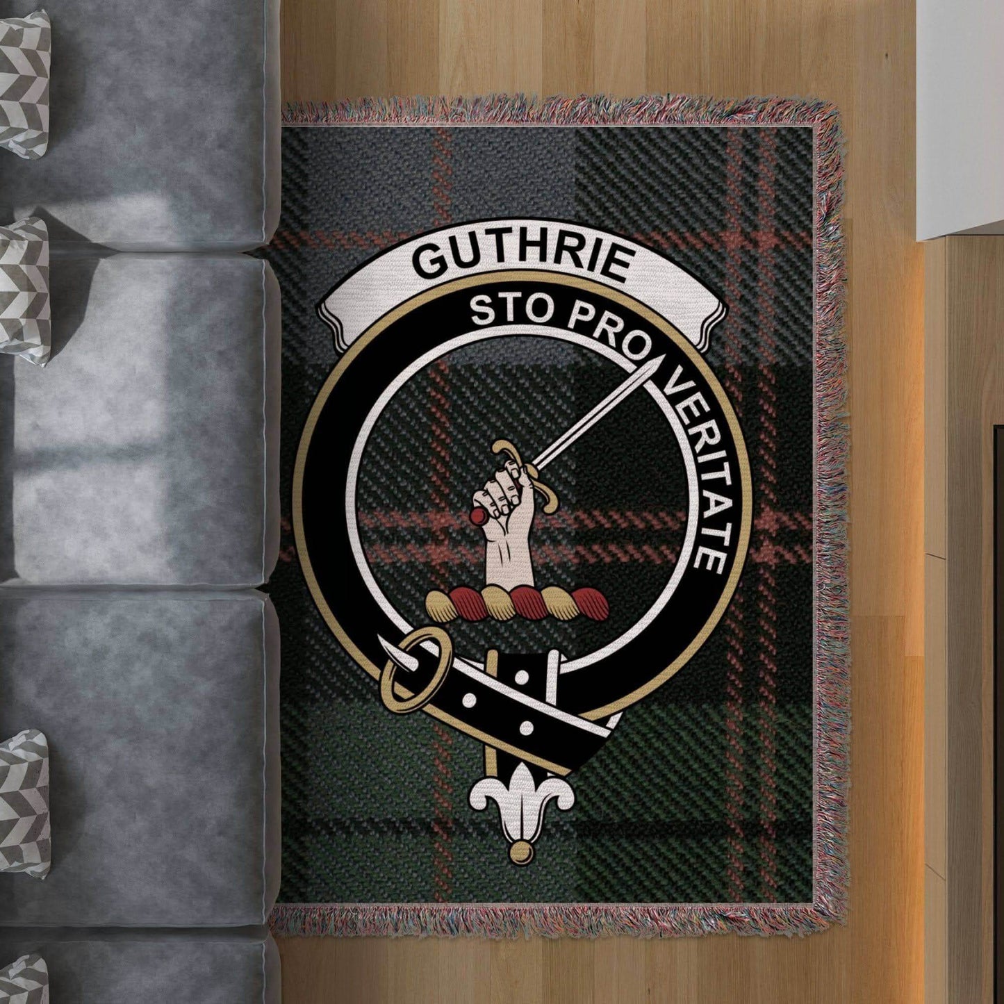 Guthrie Clan Crest Tartan Scottish Woven Blanket - Celtic Ancestry Gifts