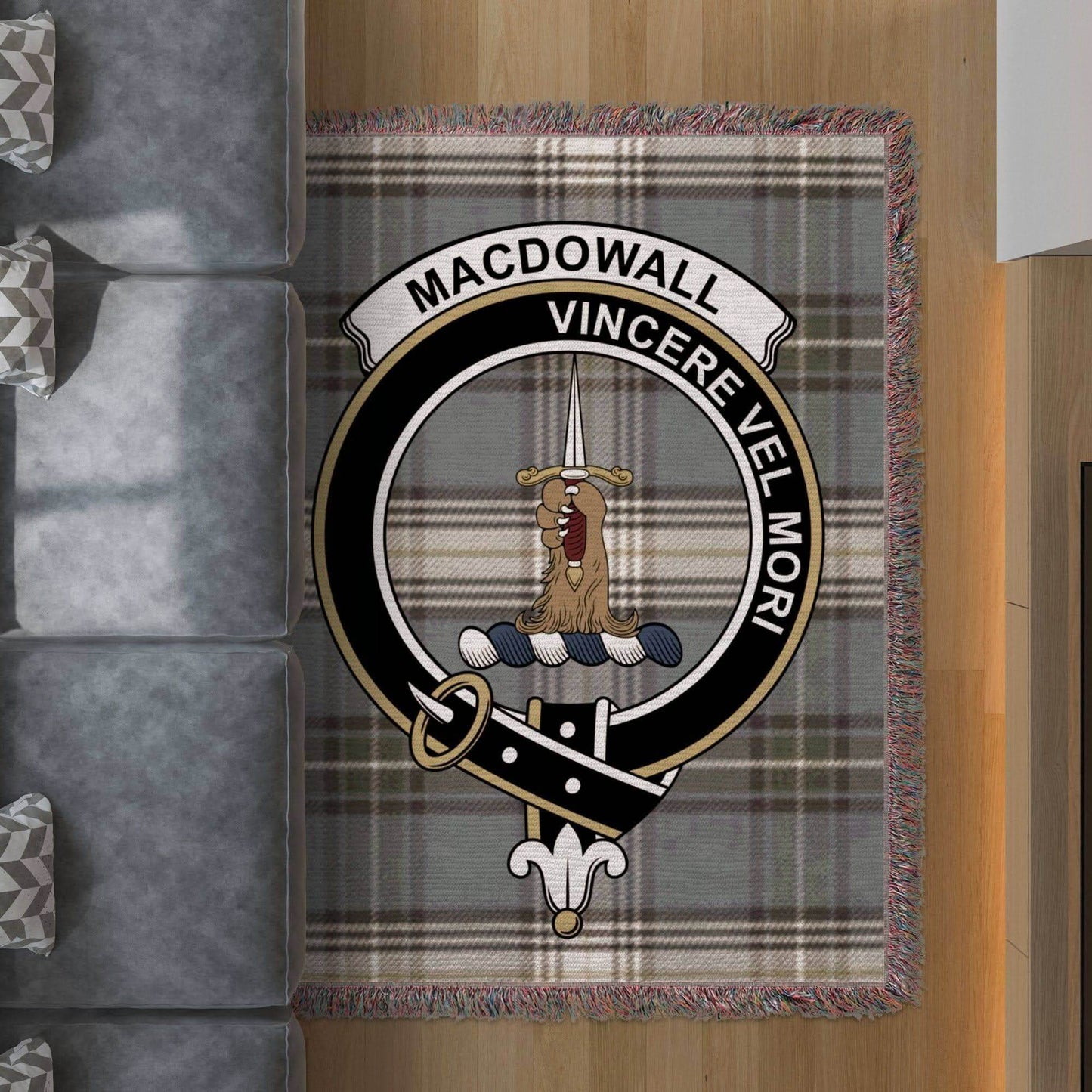 Macdowall Clan Crest Tartan Scottish Woven Blanket - Celtic Ancestry Gifts
