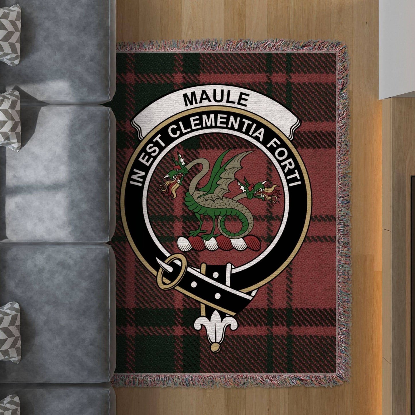 Maule Clan Crest Tartan Scottish Woven Blanket - Celtic Ancestry Gifts