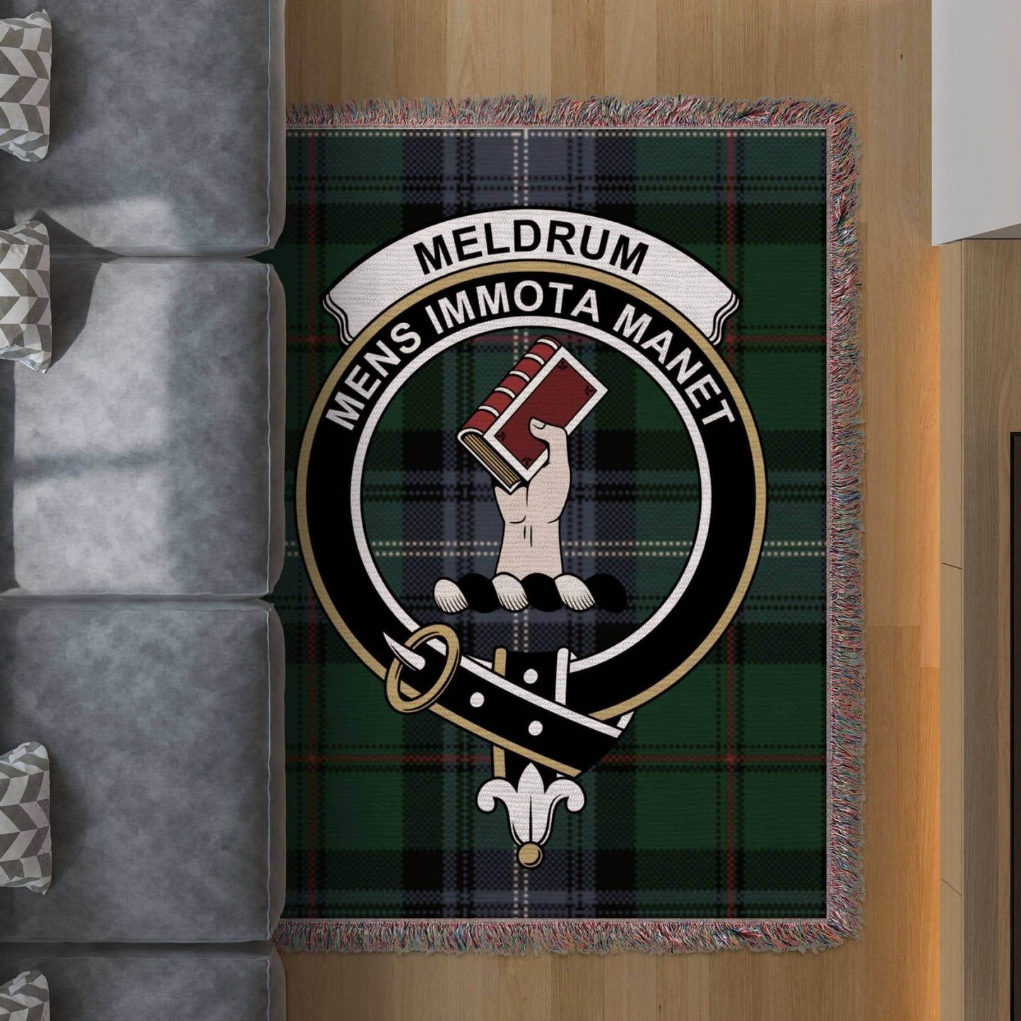 Meldrum Clan Crest Tartan Scottish Woven Blanket - Celtic Ancestry Gifts