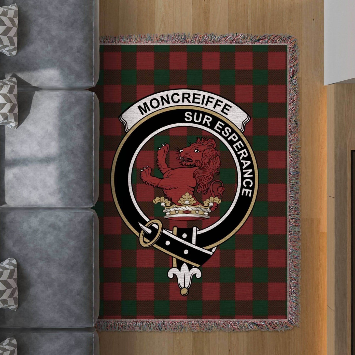 Moncreiffe Clan Crest Tartan Scottish Heritage Woven Blanket - Celtic Ancestry Gifts